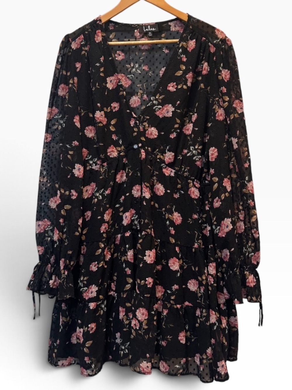 Lulus Black Pink Floral Swiss Dot Tiered Long Sleeve Mini Dress XL 🌸